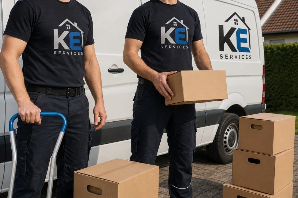 Zwei Mitarbeiter von KE Services mit Umzugskartons und Sackkarre vor einem Firmentransporter