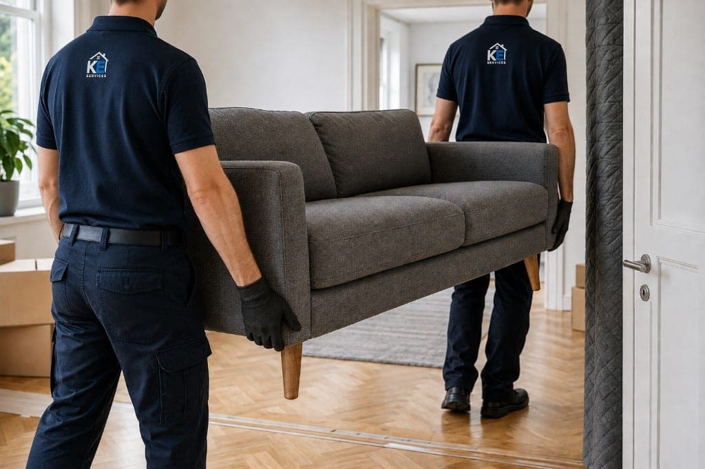 Zwei Mitarbeiter von KE Services tragen ein Sofa durch eine Wohnungstür