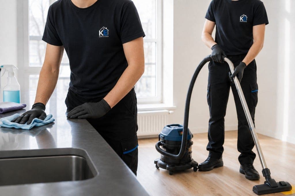Zwei Mitarbeiter von KE Services reinigen eine Küchenarbeitsplatte und saugen den Boden