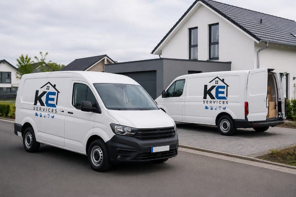 Zwei Transporter von KE Services vor einem Wohnhaus, einer mit geöffneten Hecktüren