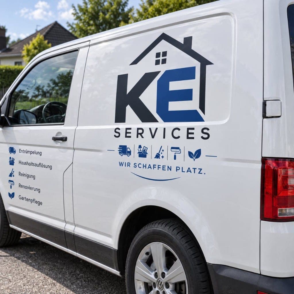 Transporter von KE Services mit aufgedruckter Leistungsübersicht, geparkt in einem Wohngebiet